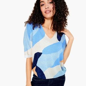 Nic+Zoe OCEAN ISLE Short Sleeve V Neck Loose Fitting Blue Geometric Knit SWEATER